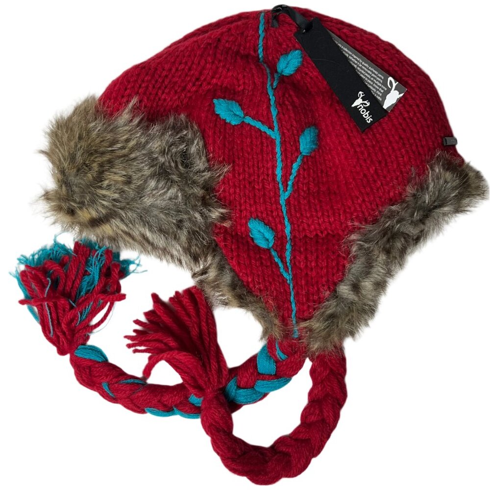 Vintage Nobis Ms. Eve Knit Beanie Faux Fux Ear Flap Aviator Hat Pilot Cap Red